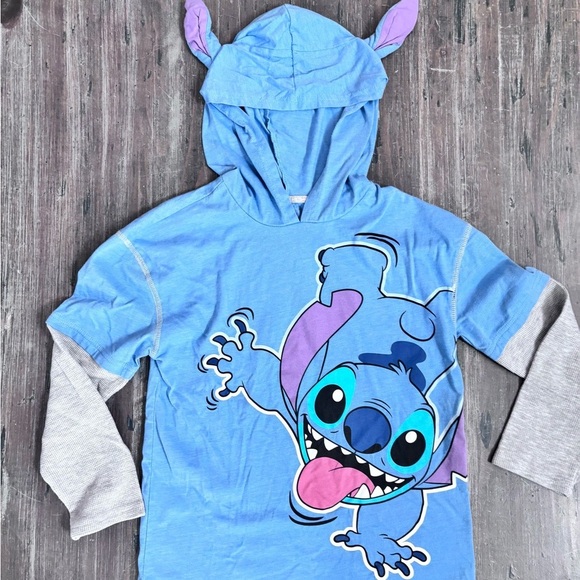 Disney Stitch Blue and Gray Sweatshirt with Fun Stitch Ears Hoodie Size 10 - Picture 1 of 10